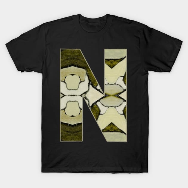 Letter N Monogram Initial Olive Green Pearl White Aesthetic Abstract Pattern Painting On Canvas T-Shirt by Go Abstract Art